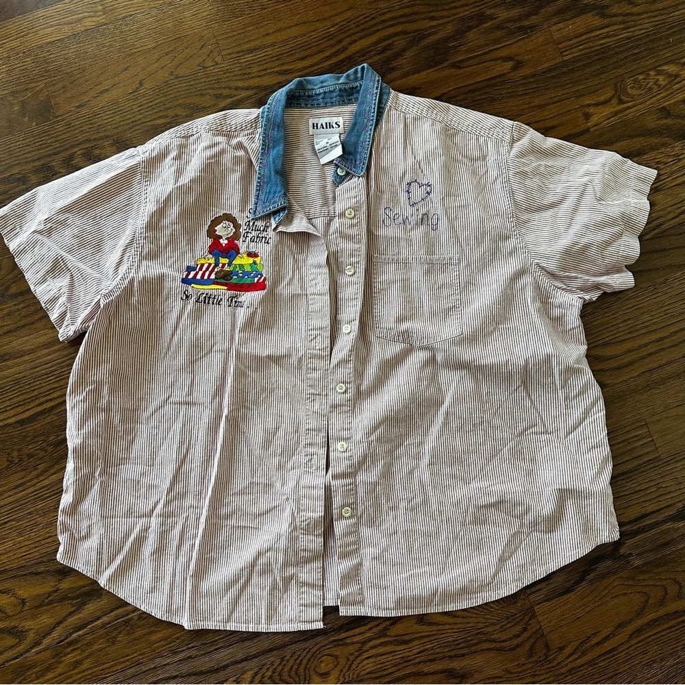 Vintage | HAIKS Striped Cotton Button-Up short sleeve Shirt Embroidery plus size